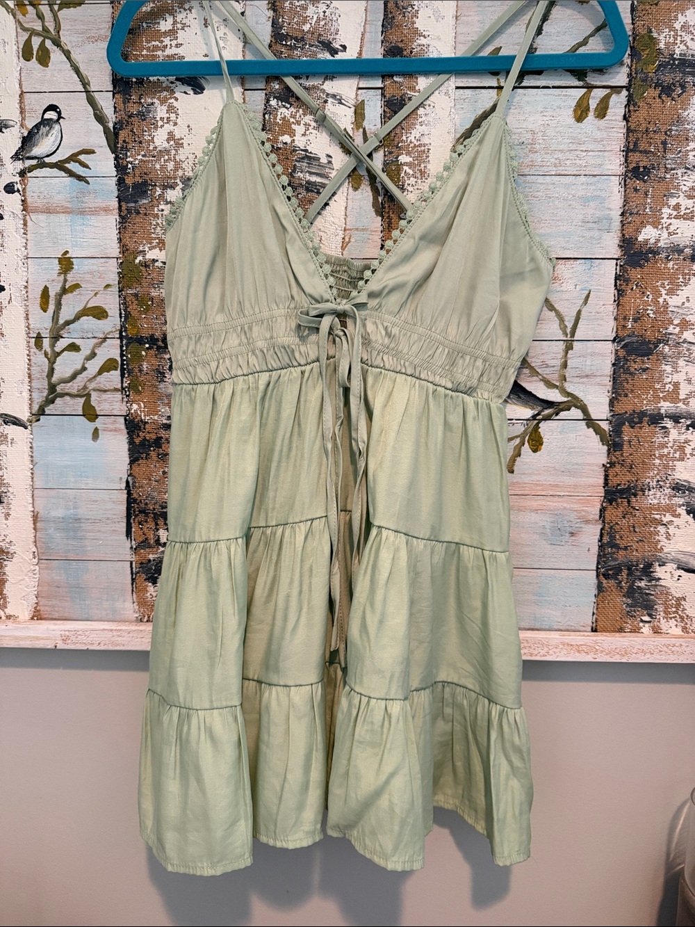 Sage Green Tiered Tie-Front Spaghetti Strap Tank Mini Dress/Tunic